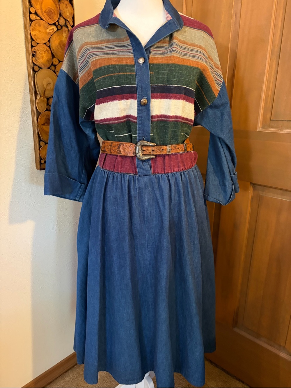 Vintage Denim Soutnwestern Dress with Multicolor Stripe Bodice